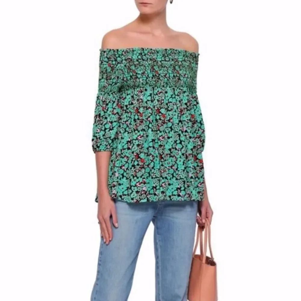 Maje Green Lafine Off The Shoulder Floral Print Smocked Blouse Size S